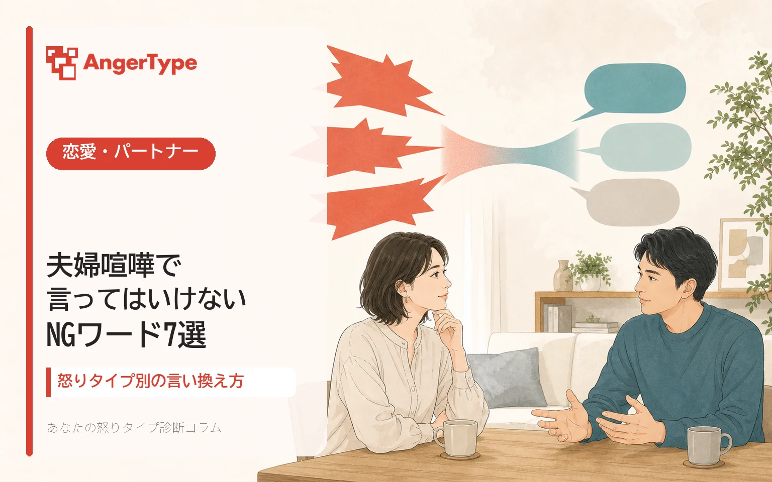 夫婦喧嘩で避けたいNGワードと怒りタイプ別の言い換え方を表現したAngerTypeのイラスト
